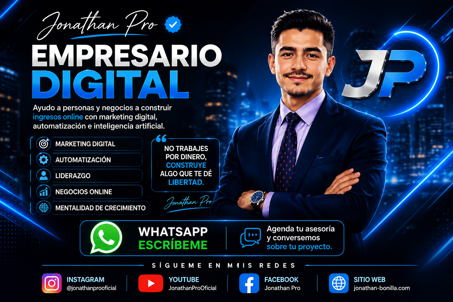 Jonathan Bonilla, fundador de Jonathan Pro Digital, especialista en Inteligencia Artificial, automatización, marketing digital y crecimiento de negocios.